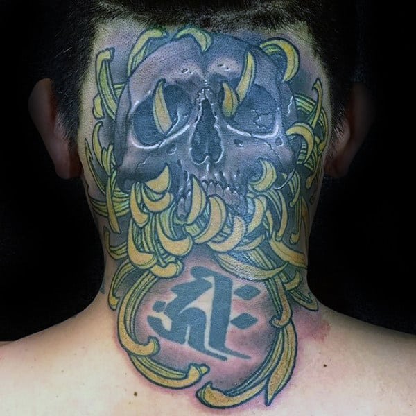 Back Of Head And Neck Chrysanthemum Flower Skull Male Tattoos