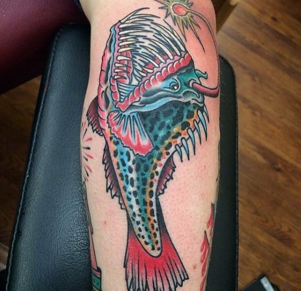 Back Of Leg Angler Fish Tattoo Design Ideas For Males