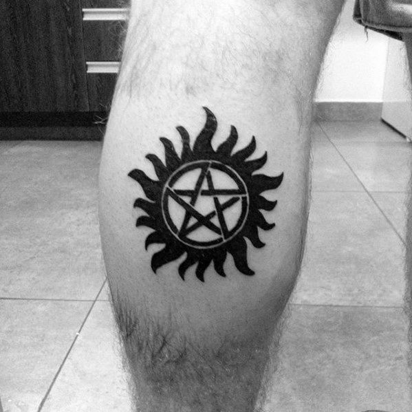 Back Of Leg Calf Guys Black Ink Simple Anti Possession Smybol Tattoos