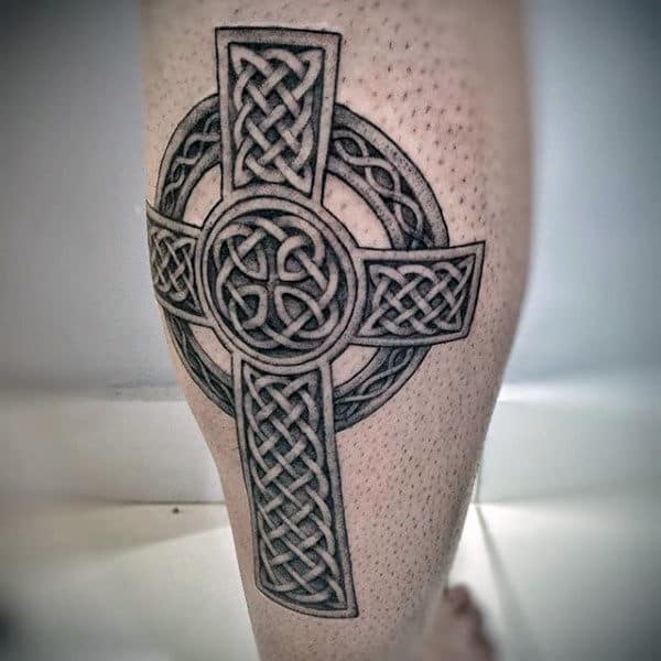 Back Of Leg Calf Guys Celtic Knot Tattoo With Cross Design