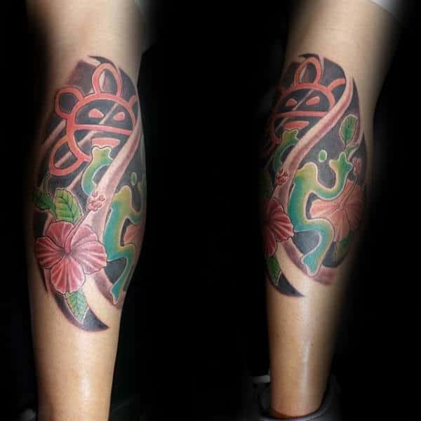 Back Of Leg Calf Guys Flower With Sun And Frog Taino Tattoos