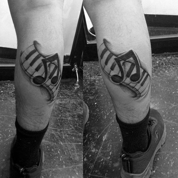 Back Of Leg Calf Guys Music Note With Piano Key Tattoo