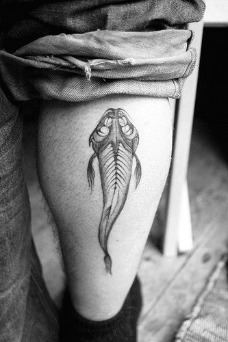 Back Of Leg Calf Male Fish Skeleton Tattoos