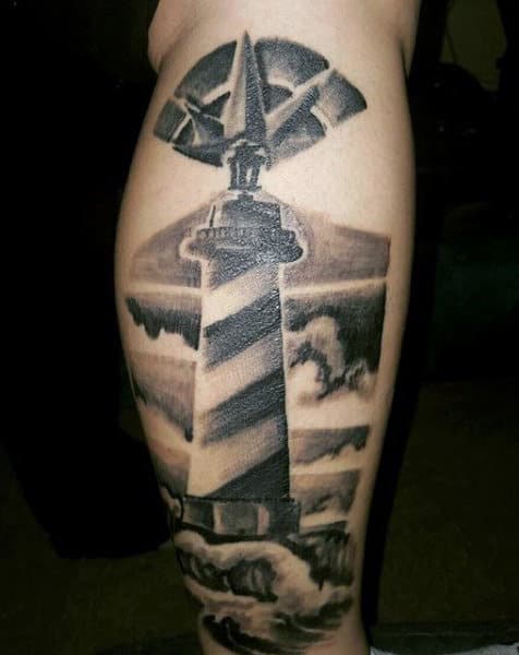 Back Of Leg Calf Mens Lighthouse Tattoo Deisgns