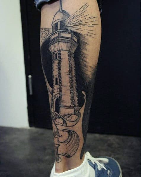 Back Of Leg Calf Mens Lighthouse Tattoo Design Ideas
