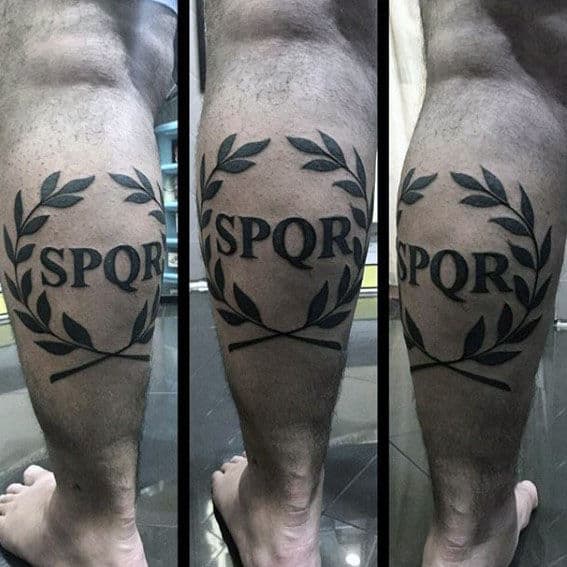 Back Of Leg Calf Mens Spqr With Olive Branch Tattoo Designs