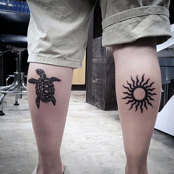 Back Of Leg Calf Small Tribal Sun Tattoos For Guys