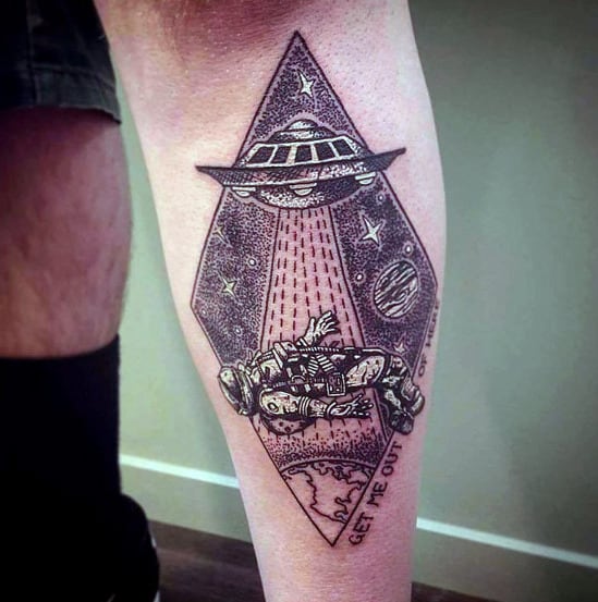 Back Of Leg Calf Ufo Spaceship With Astronaut Mens Tattoos