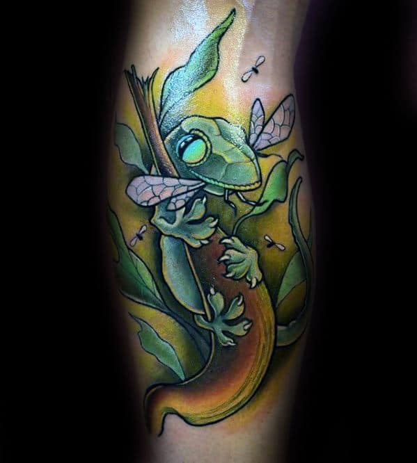 Back Of Leg Distinctive Male Gecko Tattoo Designs