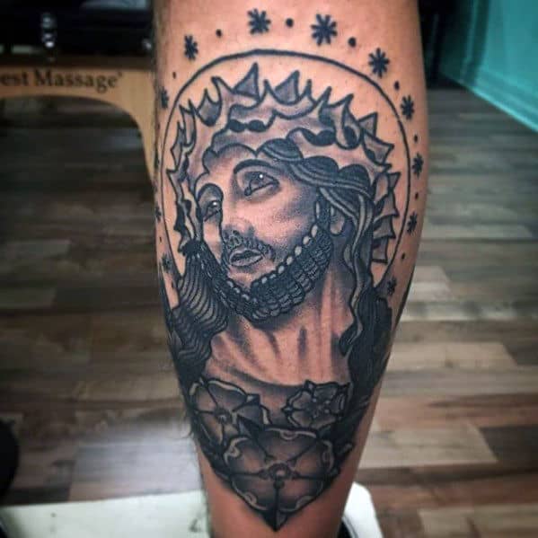 Back Of Leg Guys Traditional Jesus Tattoo