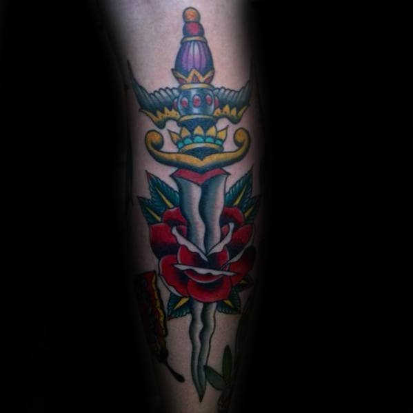 Back Of Leg Male Traditional Dagger Rose Tattoo Design Ideas