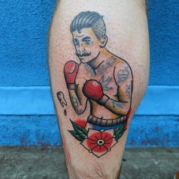 Back Of Leg Mens Traditional Boxer Tattoo