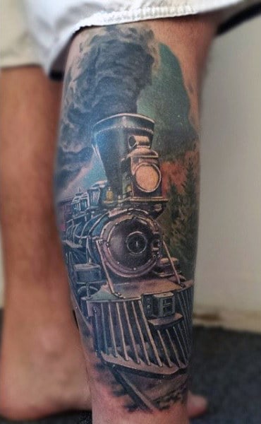 Back Of Leg Mens Train Tattoo With Color Ink