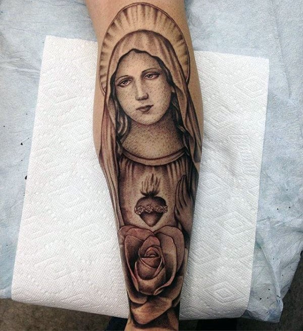 Back Of Leg Rose Flower Virgin Mary Tattoos For Males