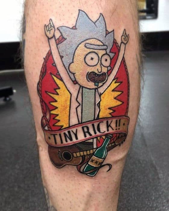 Back Of Leg Tiny Rick And Morty Mens Tattoo Ideas
