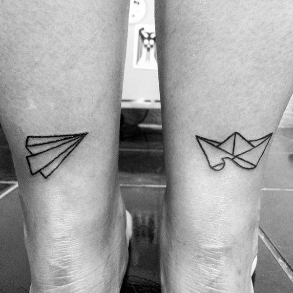 Back Of Lower Leg Guys Paper Airplane Tattoo