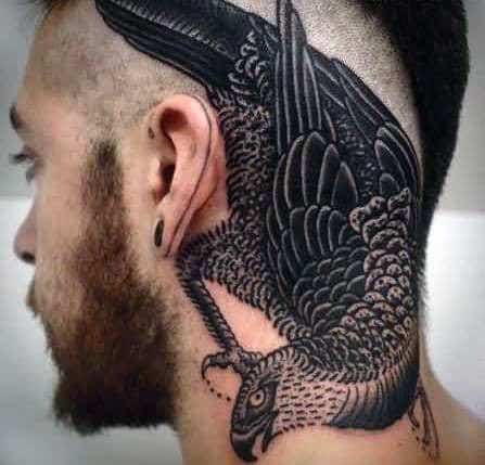 Back Of Neck And Head Male Traditional Crow Tattoos