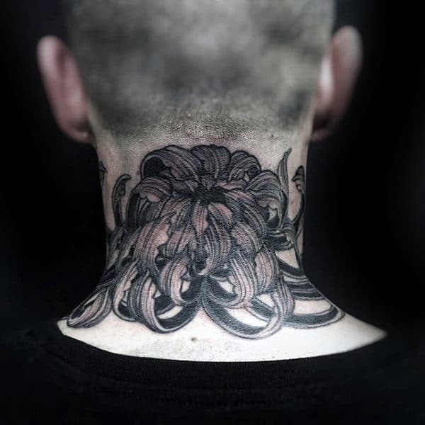 Back Of Neck Chrysanthemum Flower Tattoo For Guys