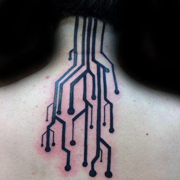Back Of Neck Circuit Board Tattoo On Man