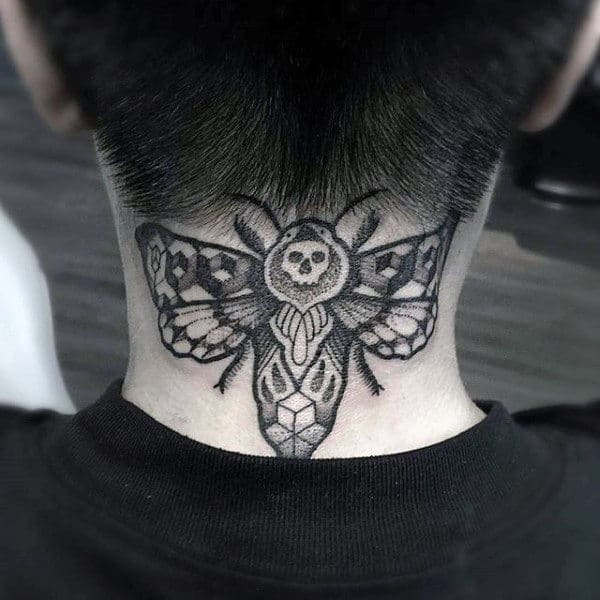 Back Of Neck Geometric 3d Mens Moth Tattoos