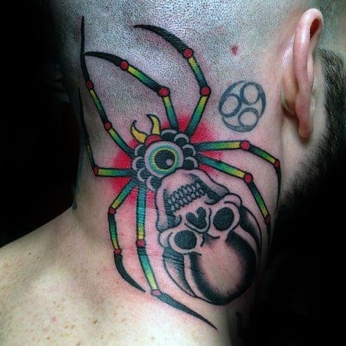 back-of-neck-guys-traditional-skull-and-spider-colorful-tattoo-ideas