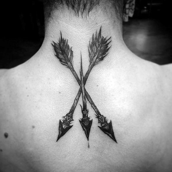 Back Of Neck Traditional Arrows Tattoo Design For Guys