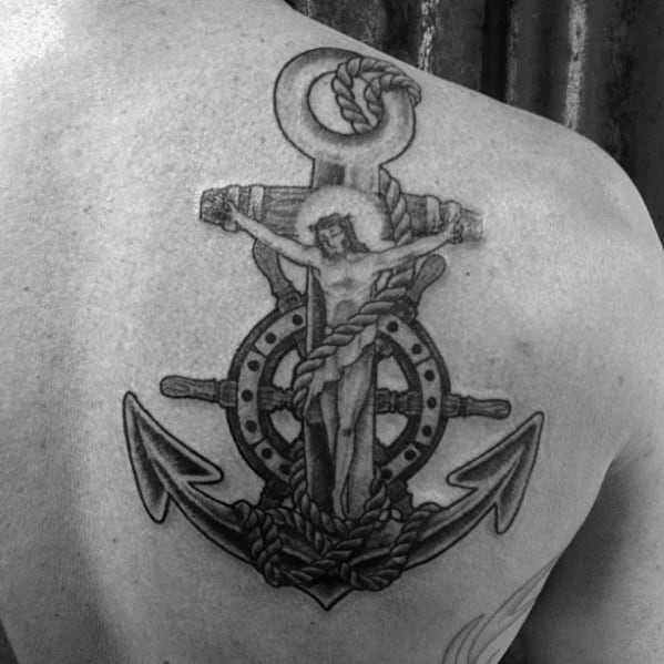 Back Of Shoulder Anchor Cross Mens Tattoo Ideas