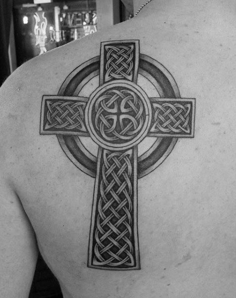 Back Of Shoulder Celtic Cross Male Tattoos