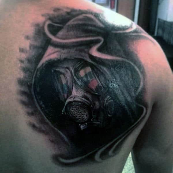 Back Of Shoulder Gas Mask Flag Tattoo For Males