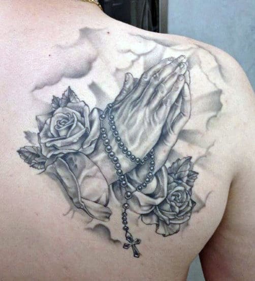 Back Of Shoulder Guys Praying Hands And Roses Tattoo