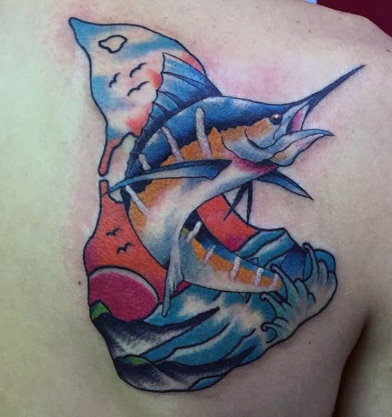 Back Of Shoulder Man With Small Fish Tattoo
