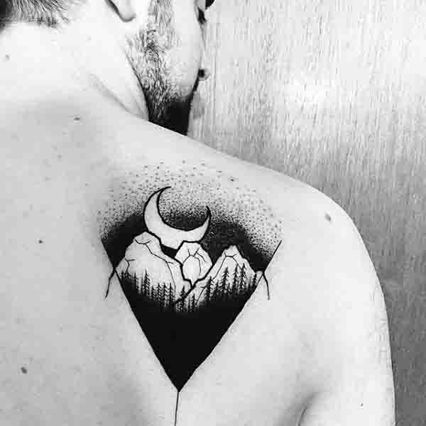 Back Of Shoulder Mens Black Ink Moon And Mountains Tattoos