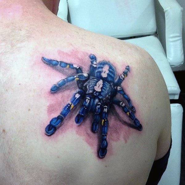 Back Of Shoulder Mens Blue And White Ink Tarantula Tattoo Design Ideas
