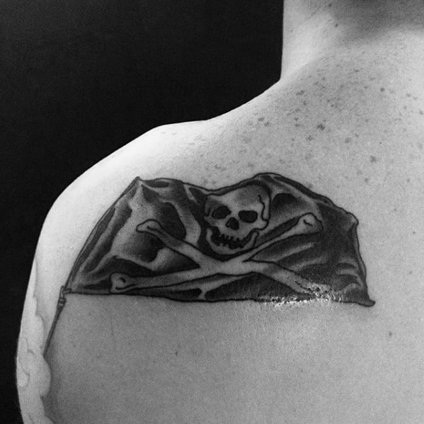 Back Of Shoulder Mens Pirate Flag Tattoos