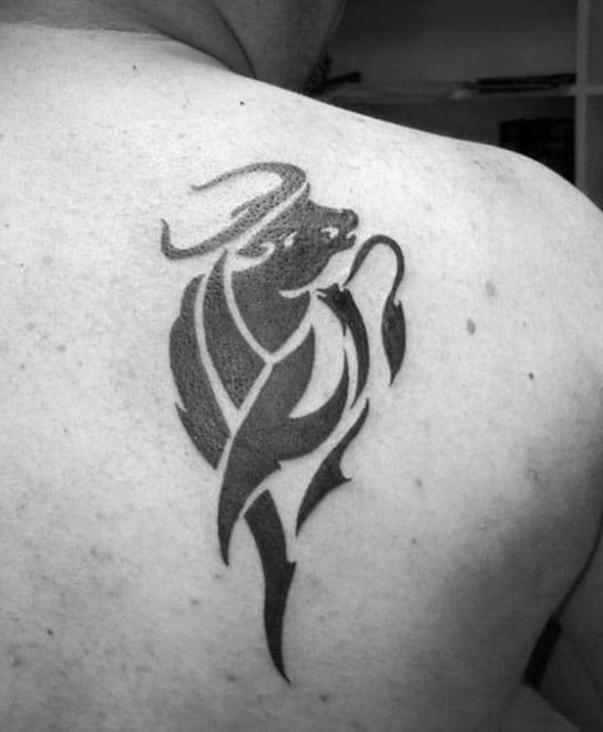 Back Of Shoulder Mens Tribal Bull Black Ink Tattoo Design Ideas