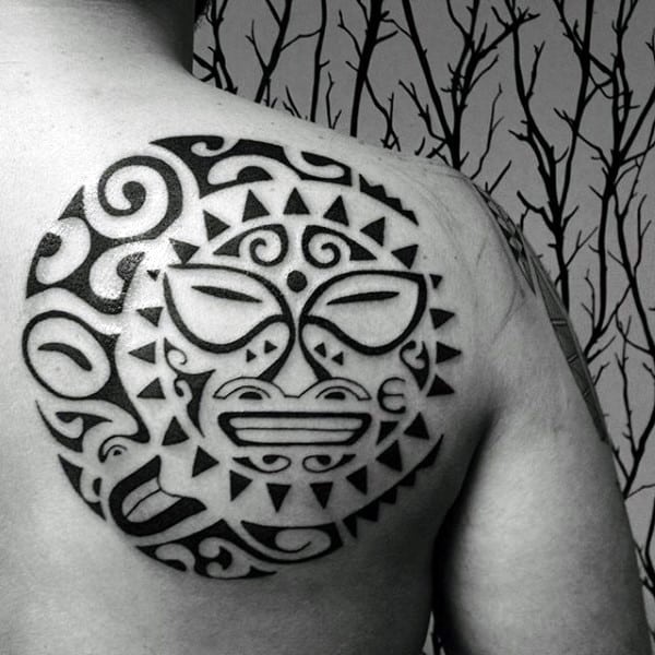 Back Of Shoulder Tribal Sun With Tribal Moon Tattoos For Men