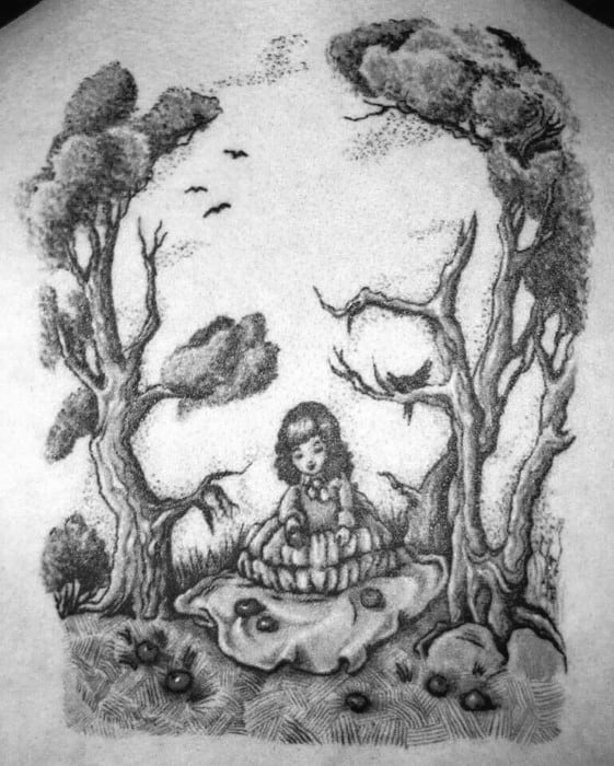 Back Optical Illusion Guys Skull Tree Tattoo Designs
