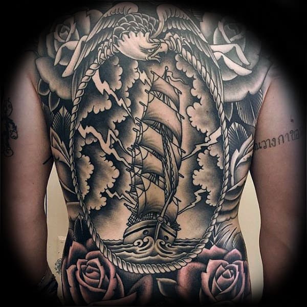 Back Shaded Sailing Ship Male Traditional Tattoos
