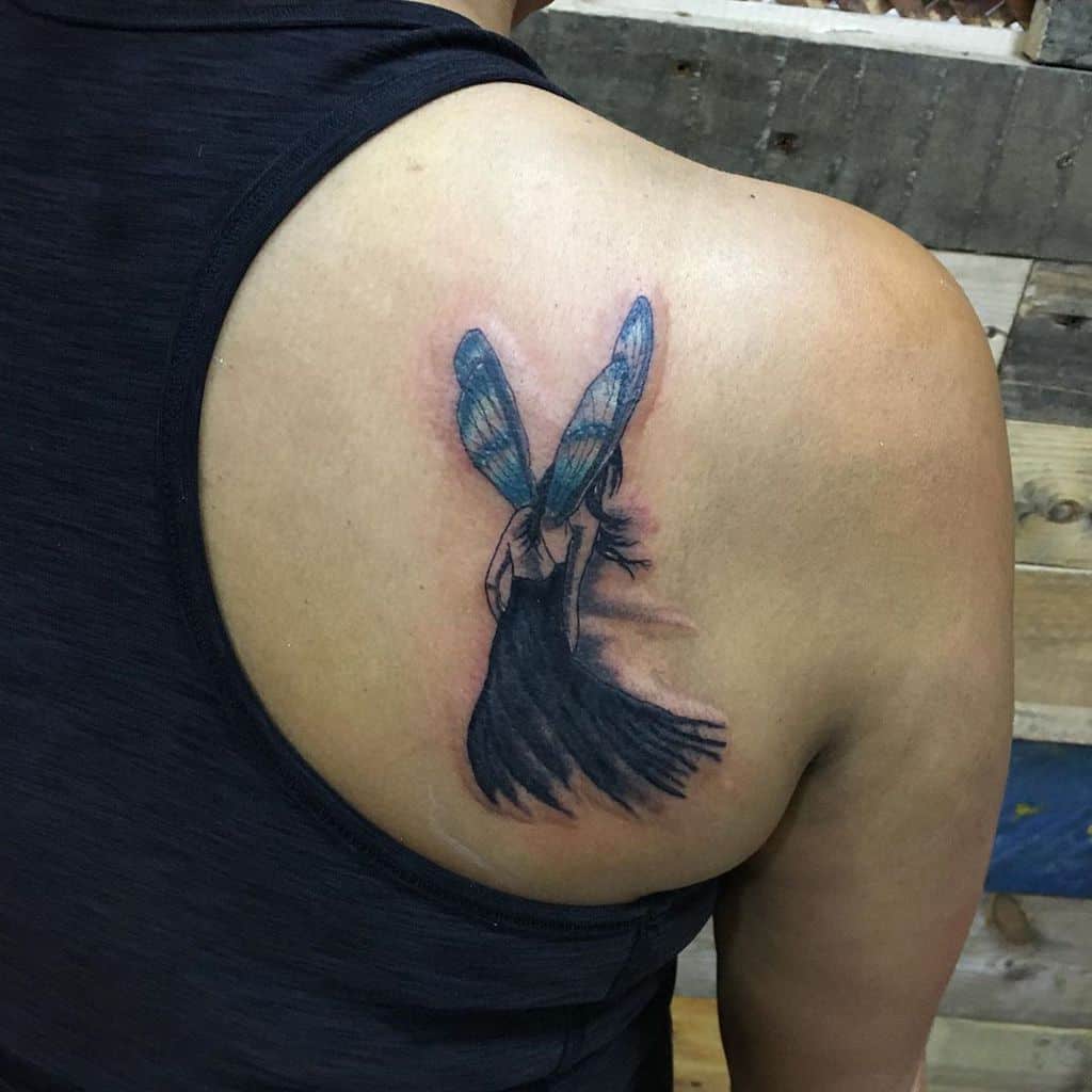 Back Shoulder Stencil Art Fairy Tattoo