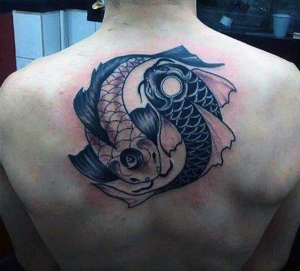 Back Yin Yang Coy Fish Tattoo For Men