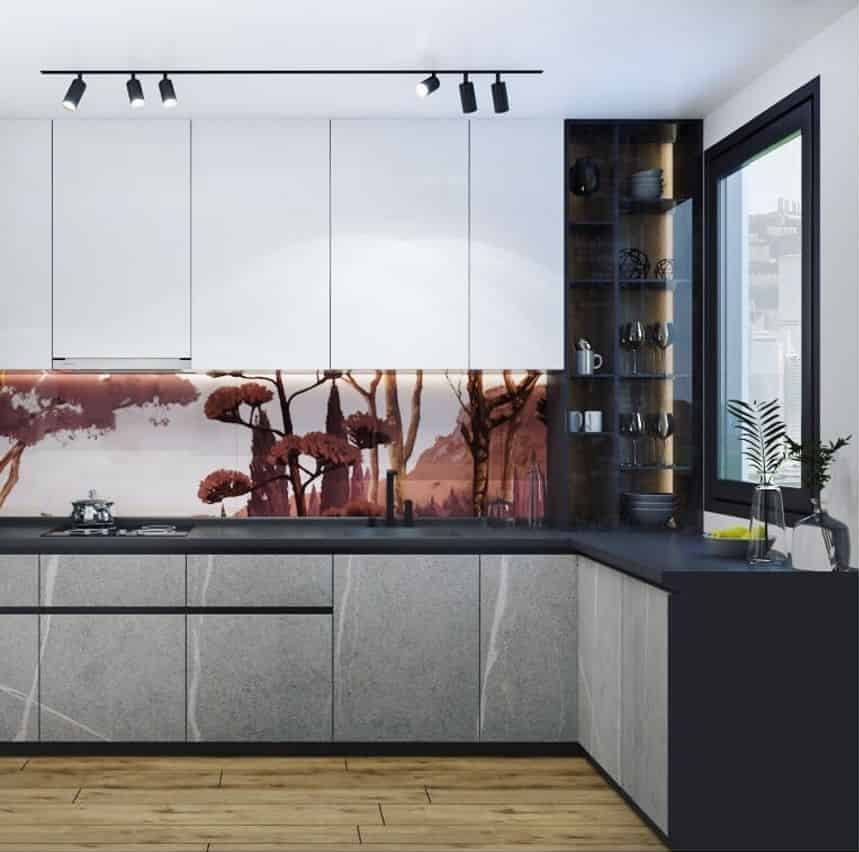 modern minimalist kitchen gray and white cabinets forest backsplash design