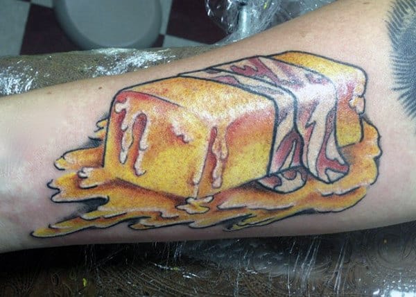 Bacon And Melting Butter Block Tattoo Male Forearms
