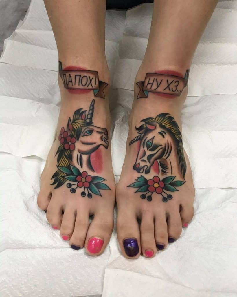 Bad Ass Neo Traditional Twin Foot Tattoos Head Up Head Down New Wave Unicorn Tattoos