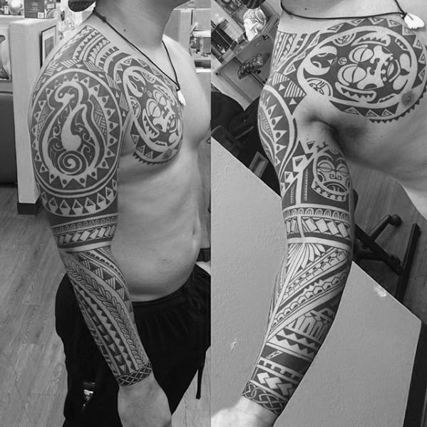 Badass Hawaiian Full Arms Leeve Tribal Tattoo On Men