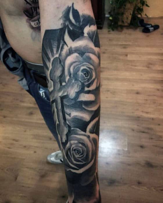 Badass Mens Forearm Cross Sleeve Tattoo With Rose Flower Design