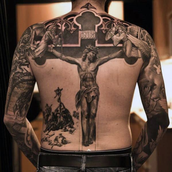 Badass Mens Realistic 3d Jesus On The Cross Full Back Tattoo