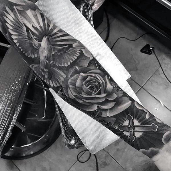 Badass Sleeve Tattoo With Cross Rose Flower And Flying Dove For Men