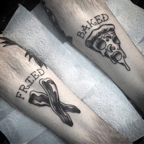 Baked Cheese Pizza And Fried Bacon Tattoo On Mens Forearms