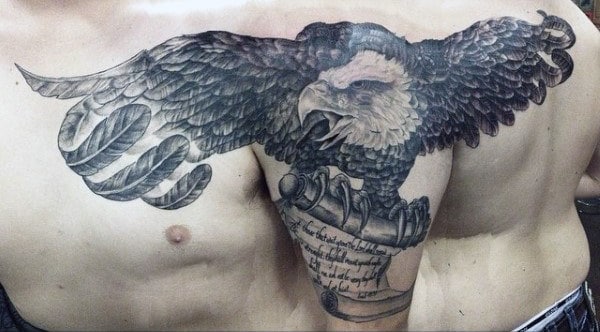Bald Eagle Flying With Scroll Guys Arm And Shoulder Tattoos