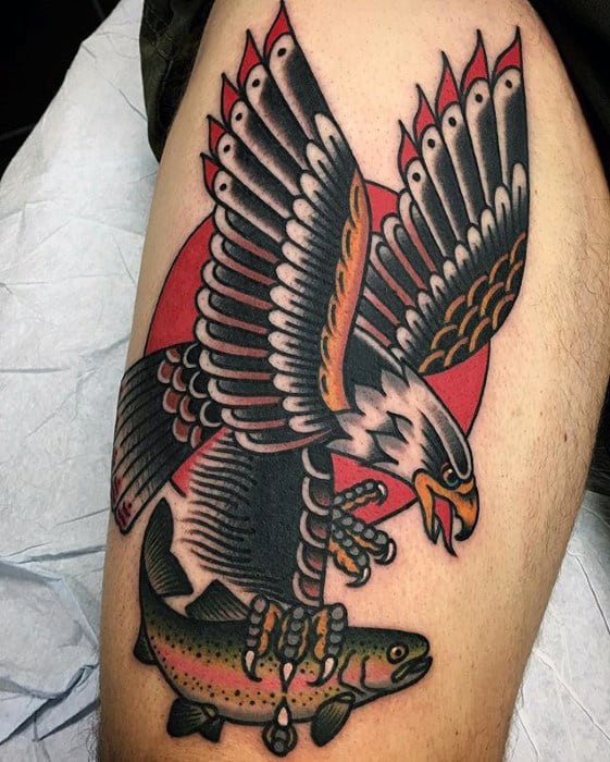 Bald Eagle Flying With Trout Fish Mens Traditional Leg Tattoo